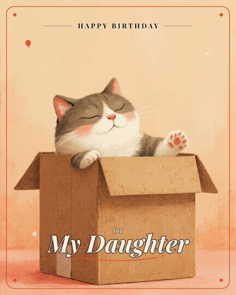 A grey and white cat sits contentedly inside an open cardboard box, eyes closed and paws draped over the edge in blissful satisfaction, a birthday e-card design