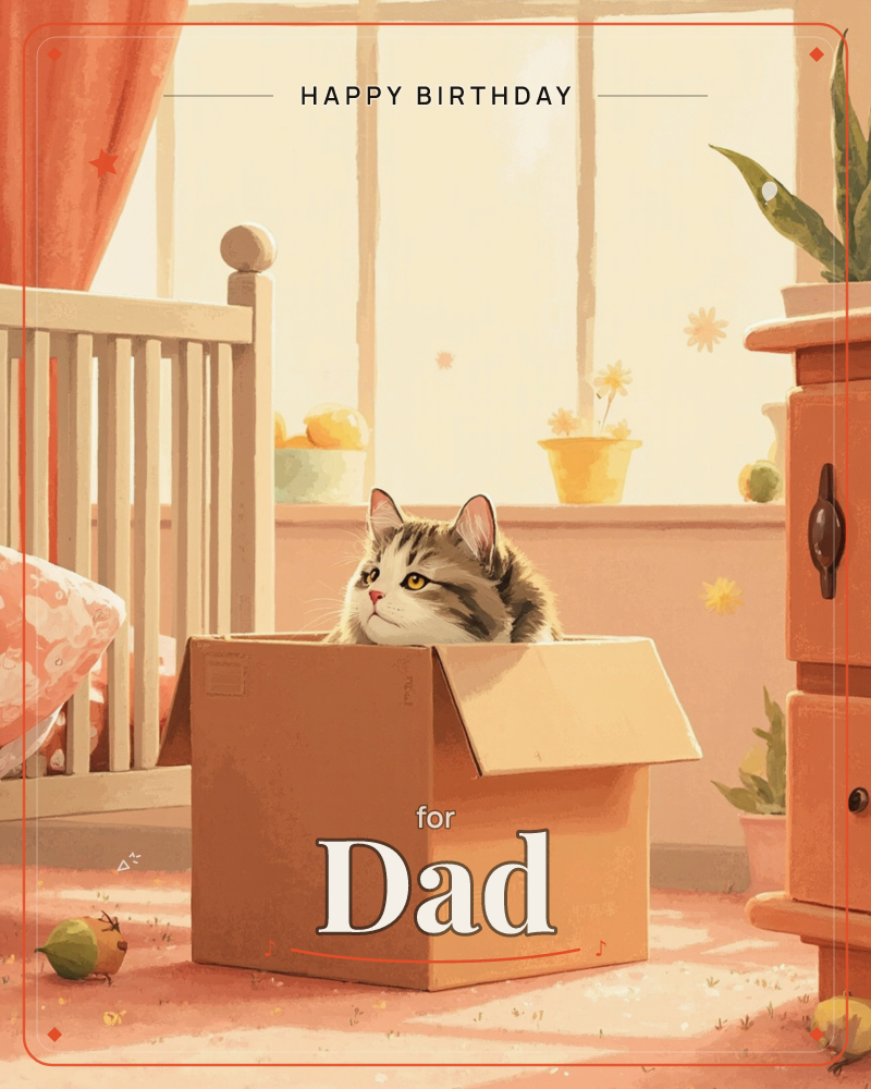 A tabby cat peeks out from a cardboard box in a sunlit bedroom, its ears alert and eyes narrowed with quiet mischief, a birthday e-card design