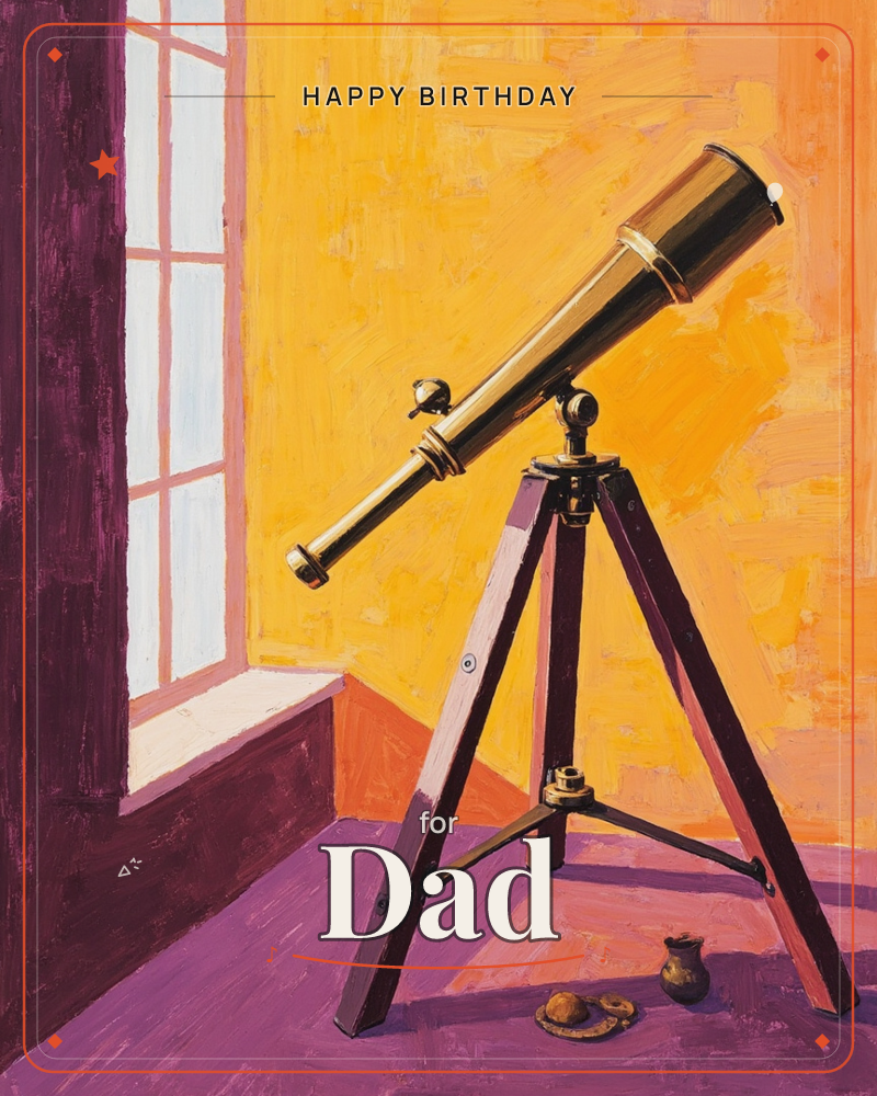 A brass telescope stands on its wooden tripod beside a bright window, angled toward the light as if waiting for someone to look through it, a birthday e-card design