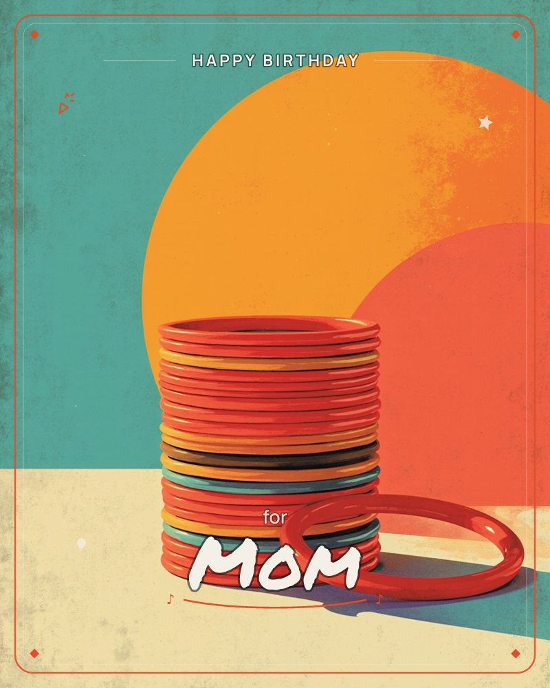 A retro-style illustration shows a tall stack of colourful bangles, mostly red with flashes of teal, orange, and black, resting on a cream tabletop, a birthday e-card design