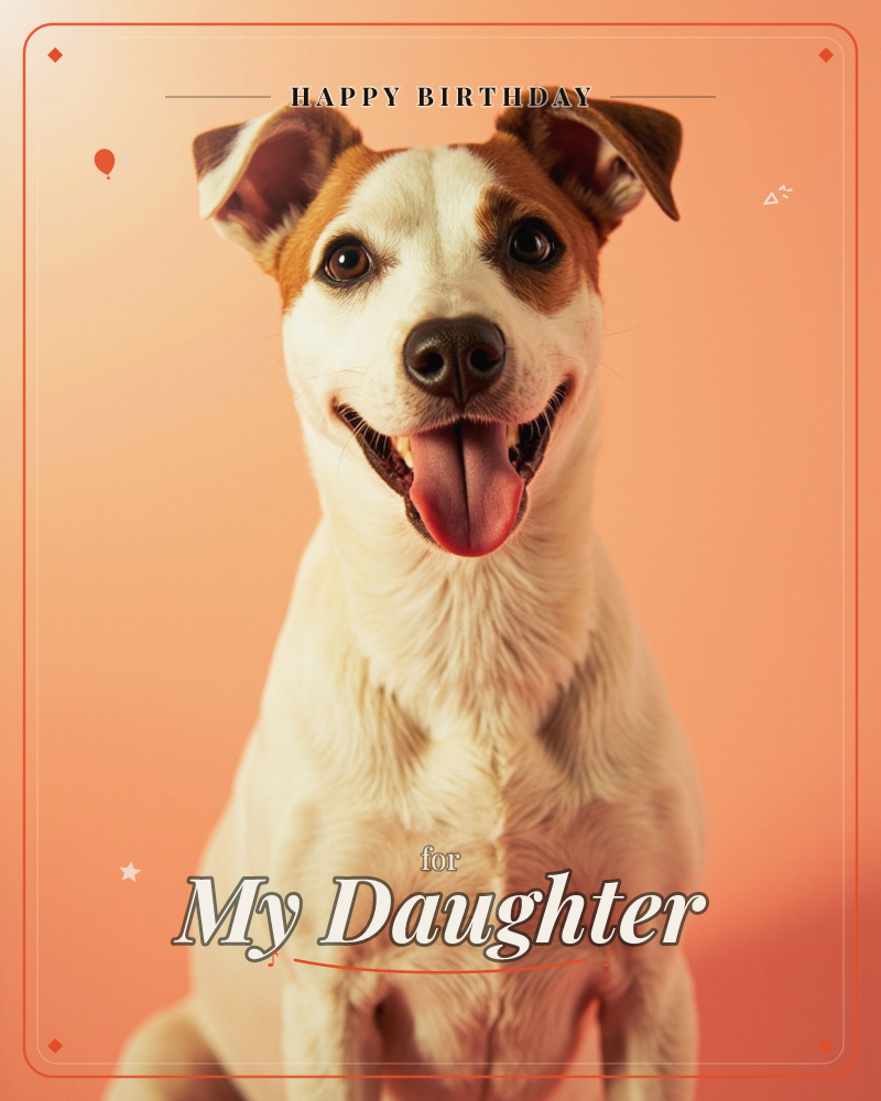 A studio portrait of a small white and tan terrier sitting upright, ears perked and tongue out in a happy pant, a birthday e-card design