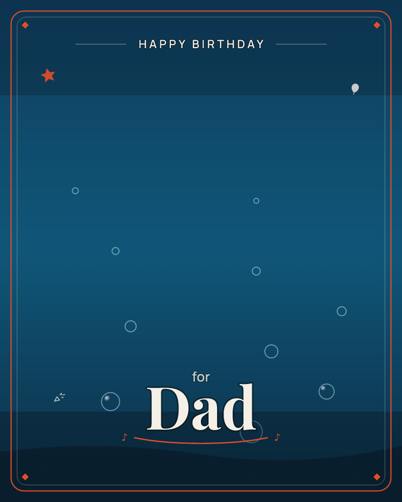 A deep teal-blue expanse glows softly between near-black bands at top and bottom, dotted with small scattered circles like bubbles or distant lights…, a birthday e-card design by @DittyCityTeam