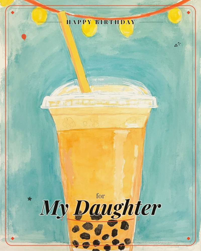 A tall cup of milk tea with tapioca pearls sits front and centre against a teal background, its plastic dome lid and orange straw catching the light, a birthday e-card design