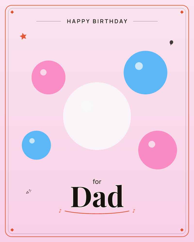 A soft glowing sphere sits at the centre of a pale pink haze, surrounded by four smaller bubbles in bright pink and sky blue, each catching a tiny…, a birthday e-card design by @DittyCityTeam