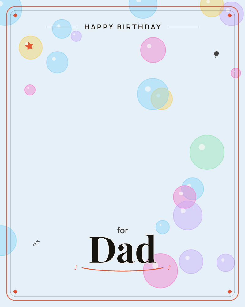 Translucent bubbles in soft blue, pink, gold, green and lilac float against a pale sky-blue backdrop that darkens to grey at the top and bottom edges, a birthday e-card design by @DittyCityTeam