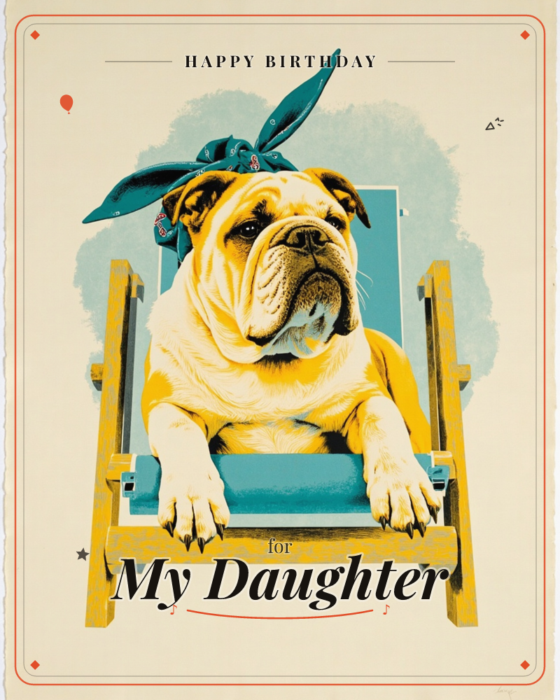 A bulldog lounges in a wooden deckchair with a teal bandana tied over its head, paws draped over the front bar and jowls settled in a contented slump, a birthday e-card design