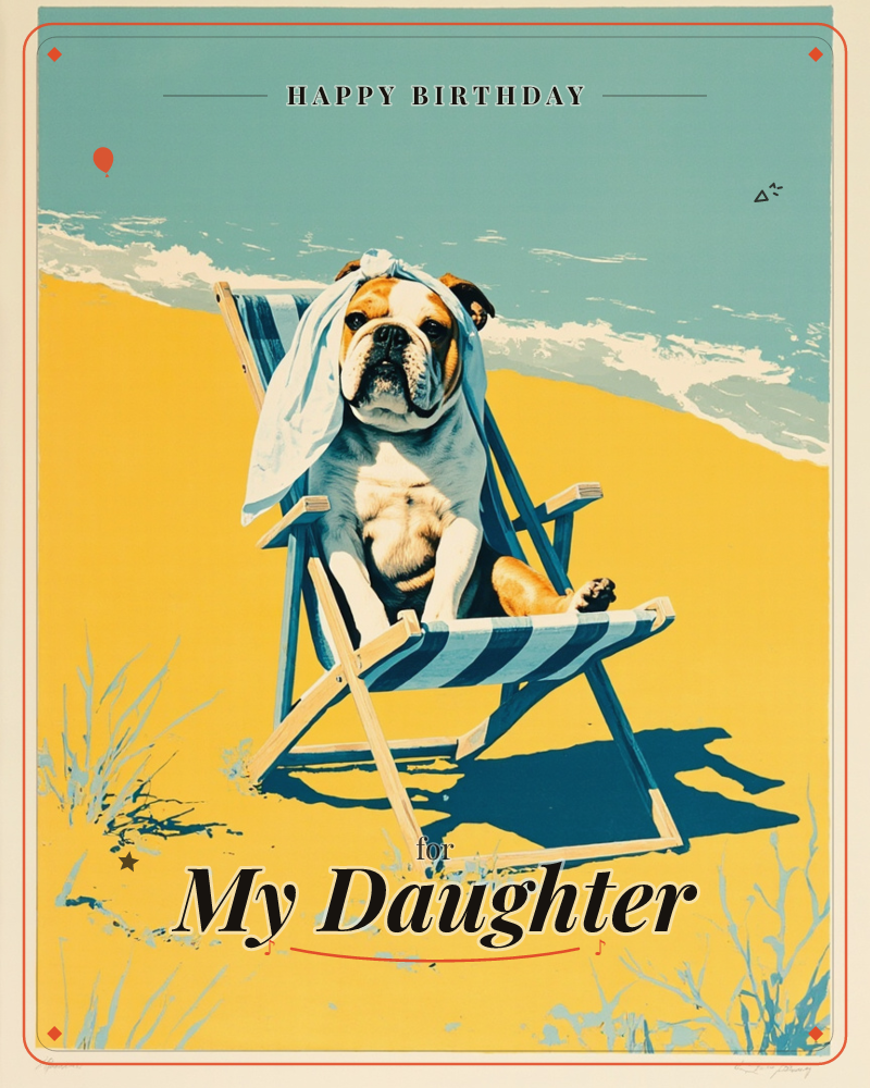 A bulldog lounges belly-up in a striped deckchair on a sun-baked beach, a towel draped over its head like a sunhat while the tide rolls in behind it, a birthday e-card design
