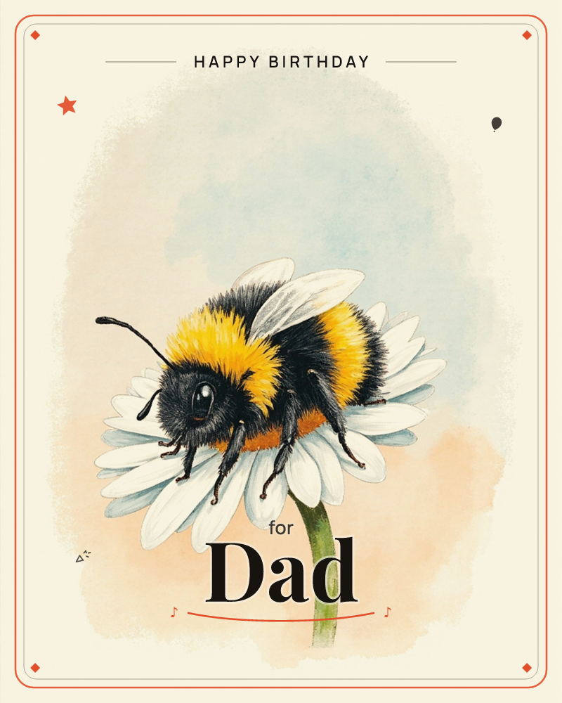 A plump bumblebee rests on a single white daisy, its striped body glowing gold and black against the pale petals, a birthday e-card design