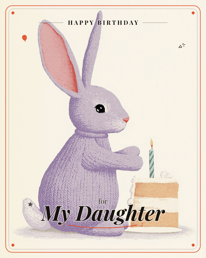 A lavender rabbit with pink-lined ears sits upright against a plain cream background, paws resting near a tall slice of layered birthday cake topped…, a birthday e-card design