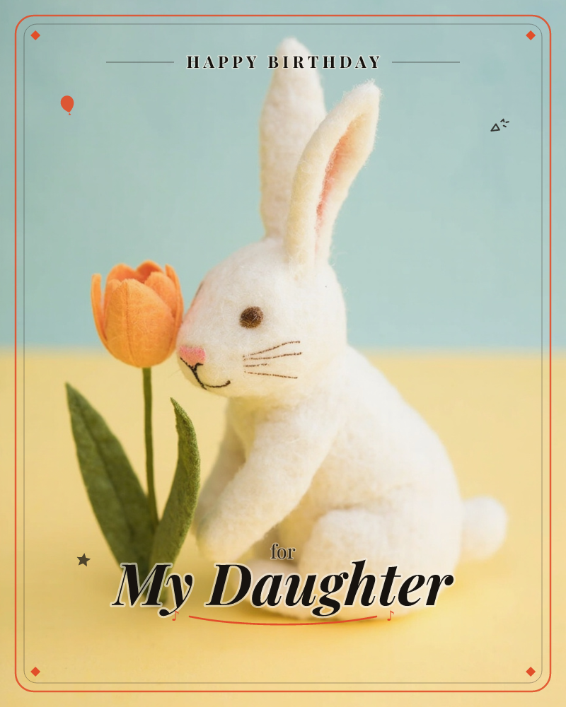 A felted white rabbit sits nose-to-petal with a single orange tulip made of fabric, its stitched smile and pink-lined ears catching soft studio light, a birthday e-card design
