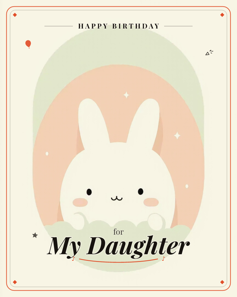 A round-eared white bunny with rosy cheeks peeks up from a soft sage cloud shape, set against a peachy arched backdrop dotted with tiny sparkles, a birthday e-card design