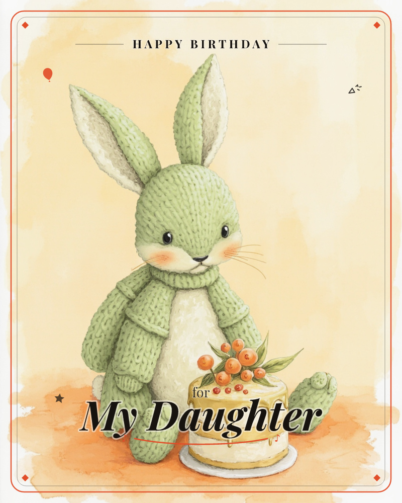 A knitted-look sage green bunny with rosy cheeks and floppy ears sits against a warm golden background beside a small drippy cake topped with orange…, a birthday e-card design