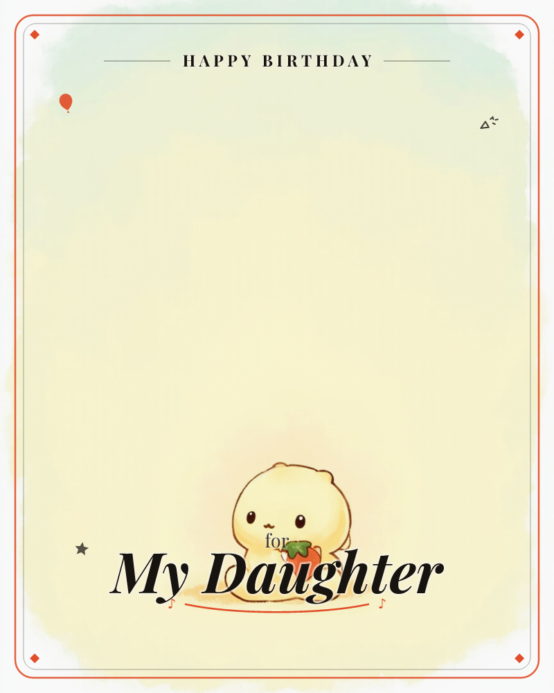 A tiny round creature with stubby ears sits alone in a vast, softly glowing cream space, holding a single strawberry in its paws, a birthday e-card design