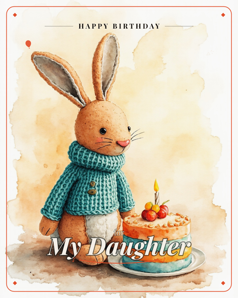 A soft toy rabbit in a cosy teal knitted sweater sits beside a layered birthday cake topped with cherries and a single lit candle, all rendered in warm…, a birthday e-card design