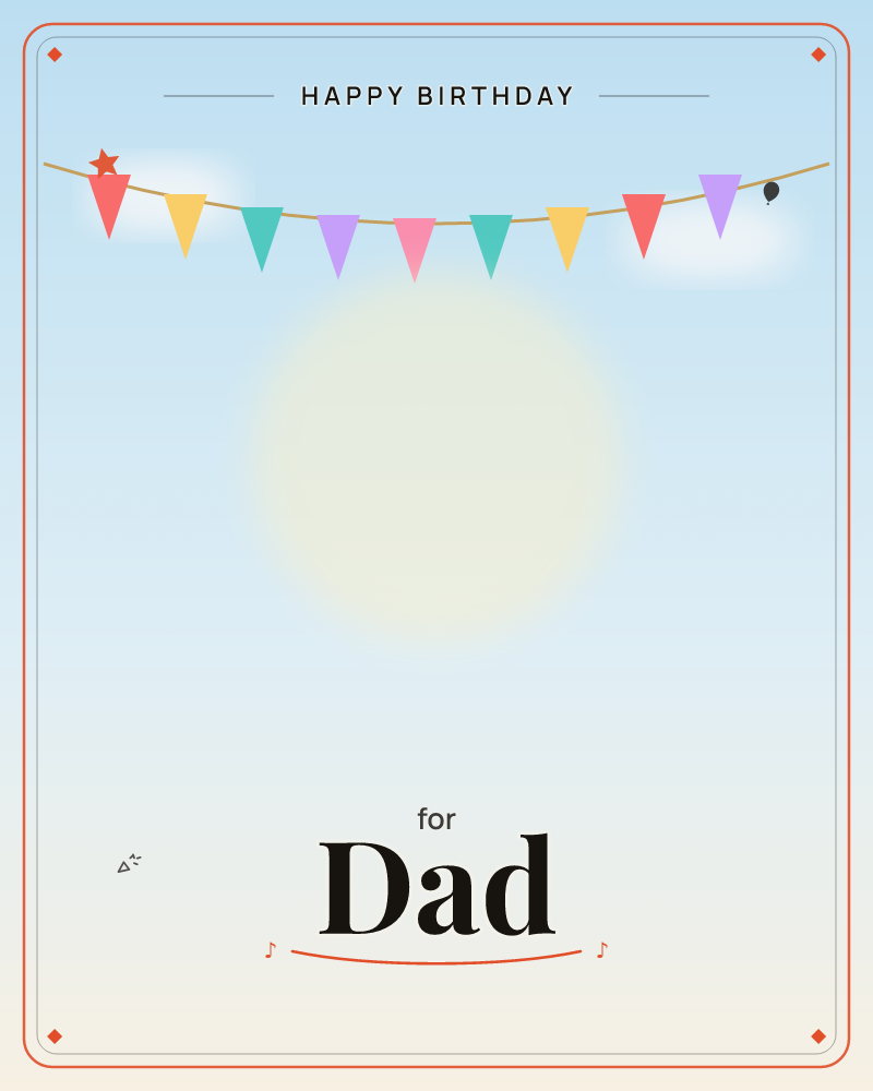 A string of colourful triangular bunting stretches across a soft blue sky, with a warm hazy sun glowing low in the background, a birthday e-card design by @DittyCityTeam