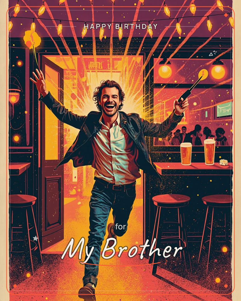 A man bursts through an open bar doorway, arms flung wide, holding sparklers that trail streaks of light upward, a birthday e-card design by @SolarZephyr