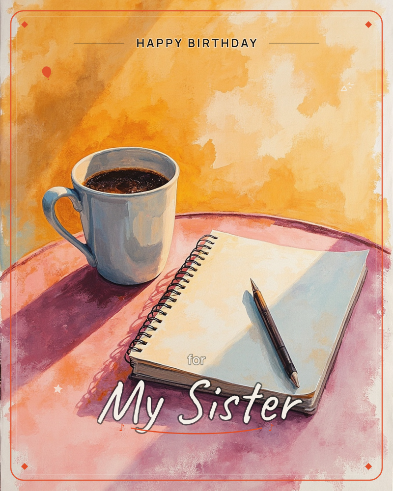 A white mug of dark coffee sits beside an open spiral notebook and a single pencil resting across its blank page, all arranged on a rosy pink tabletop…, a birthday e-card design