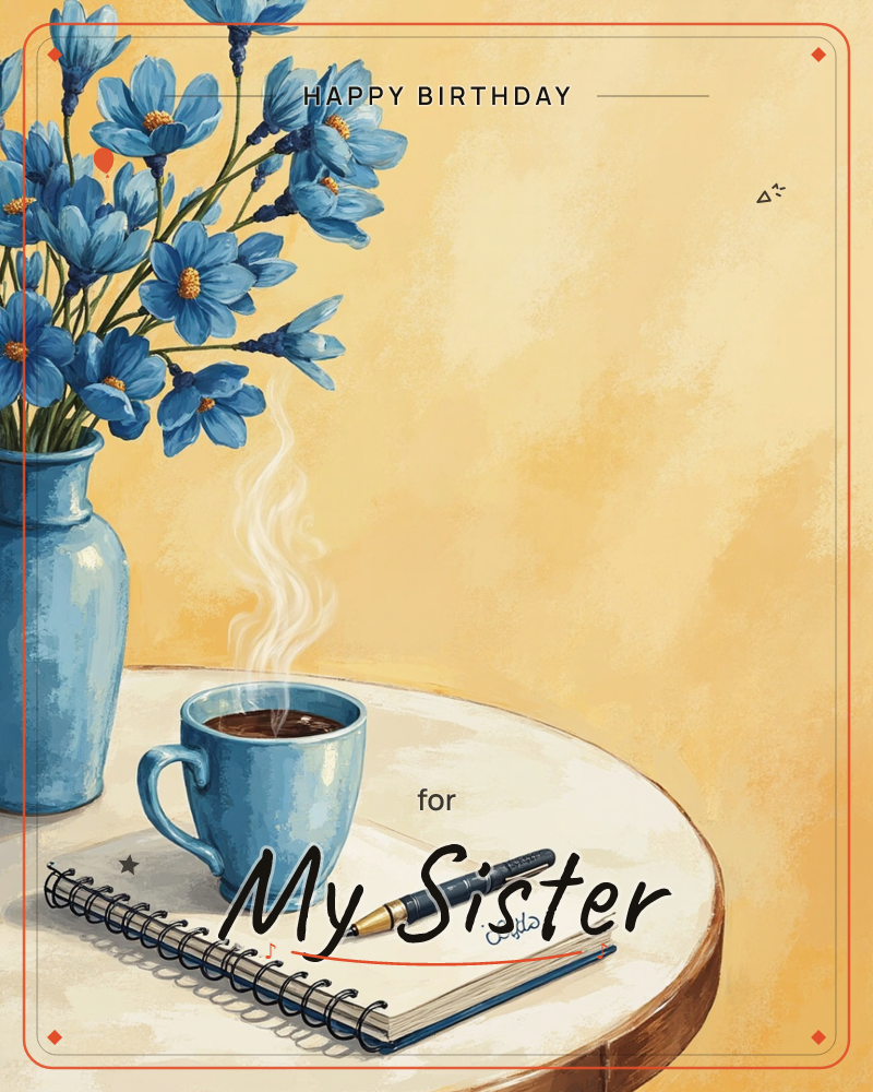 A round white table holds a blue vase of wildflowers, a steaming mug of coffee, and an open spiral notebook with a pen resting across its pages, all…, a birthday e-card design