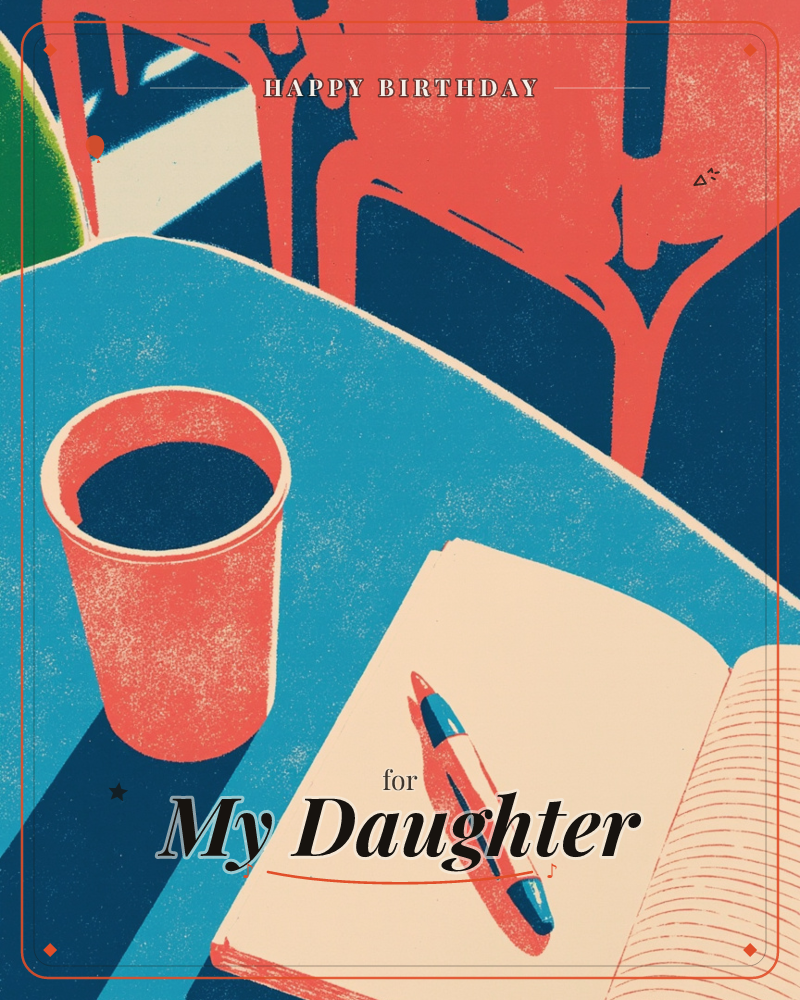 A blue café table catches hard afternoon light, with a coral-red cup, an open notebook and a pen laid across its pages, a birthday e-card design