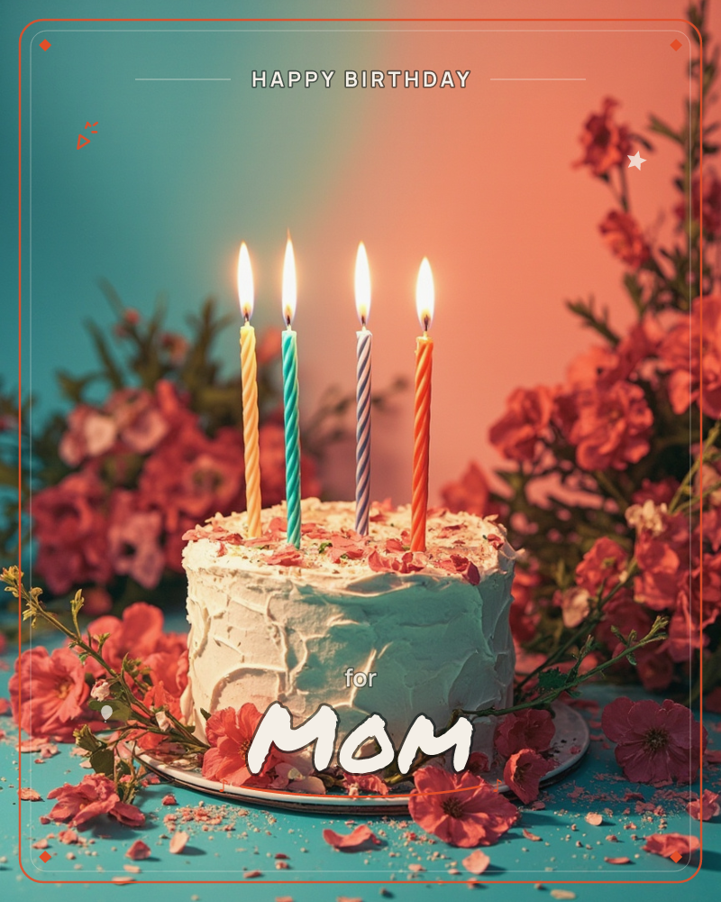 A small white-frosted cake sits on a plate surrounded by pink blossoms, four tall striped candles burning brightly against a background split between…, a birthday e-card design
