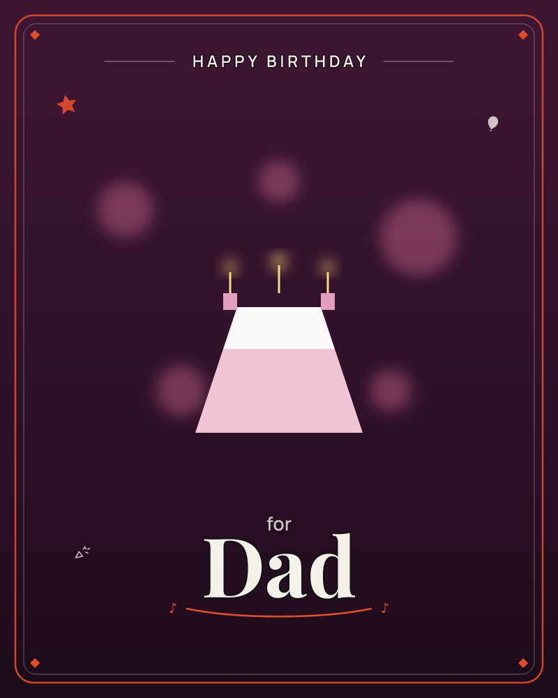 A pale pink birthday cake stands alone against a deep plum backdrop, three thin candles glowing softly on top, a birthday e-card design by @DittyCityTeam