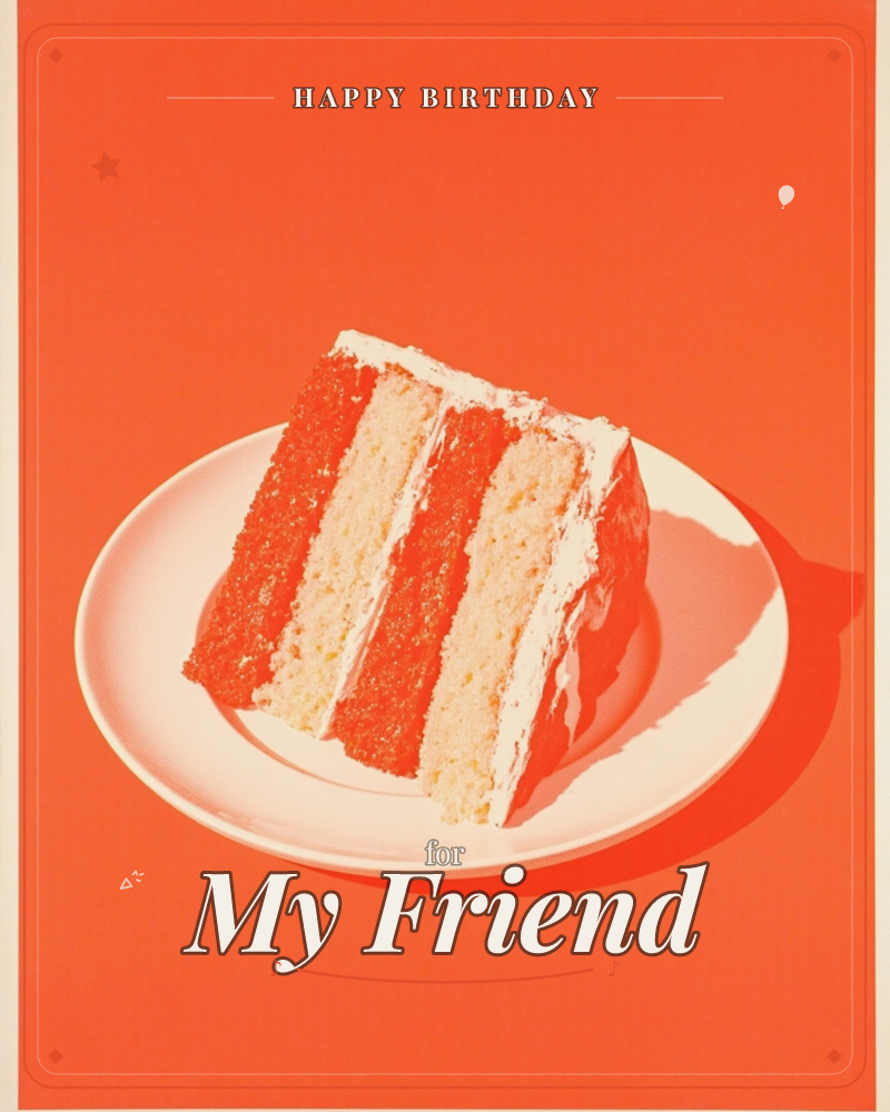 A single slice of layered cake sits on a white plate against a bold flat orange background, a birthday e-card design