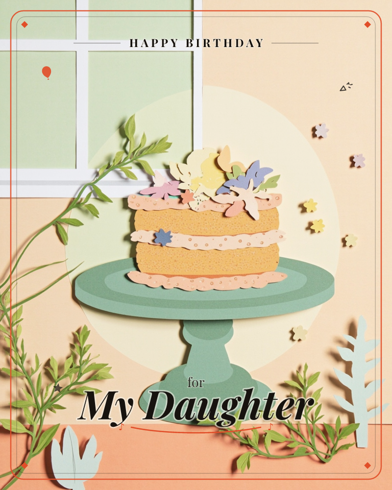 A layered paper-craft cake sits on a green pedestal stand in front of a sunlit window, its tiers scattered with tiny cut-paper flowers and confetti shapes, a birthday e-card design