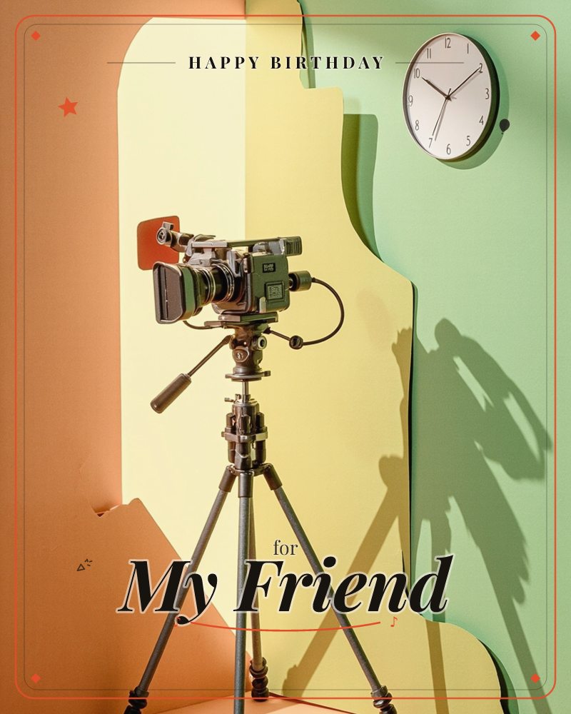 A vintage film camera stands on a tripod against a paper backdrop cut into jagged, layered shapes of coral, cream and sage green, with a round wall…, a birthday e-card design