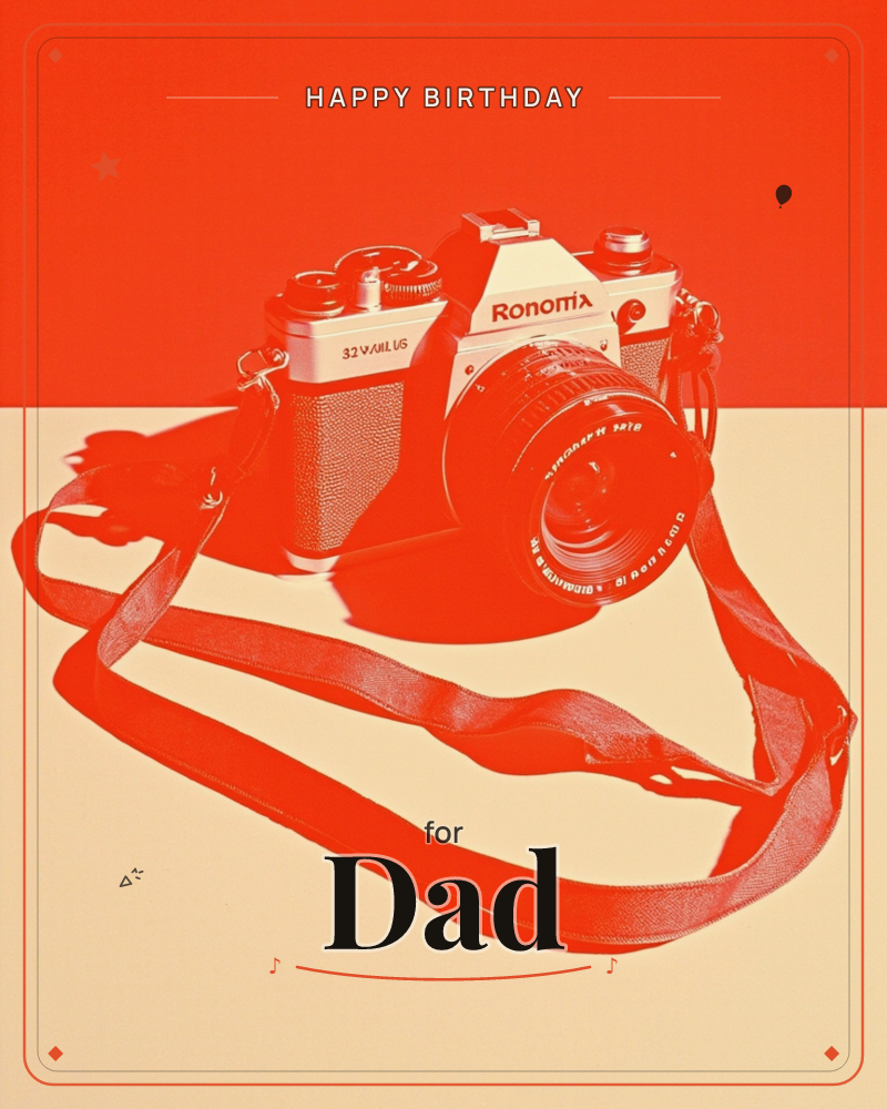 A vintage-style film camera sits with its strap coiled loosely across the foreground, rendered in a bold two-tone duotone of red and cream, a birthday e-card design