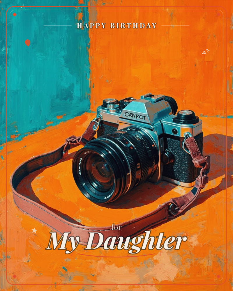 A vintage 35mm camera sits on a bold orange surface, its brown leather strap coiled loosely in front, against a backdrop split between teal and burnt…, a birthday e-card design