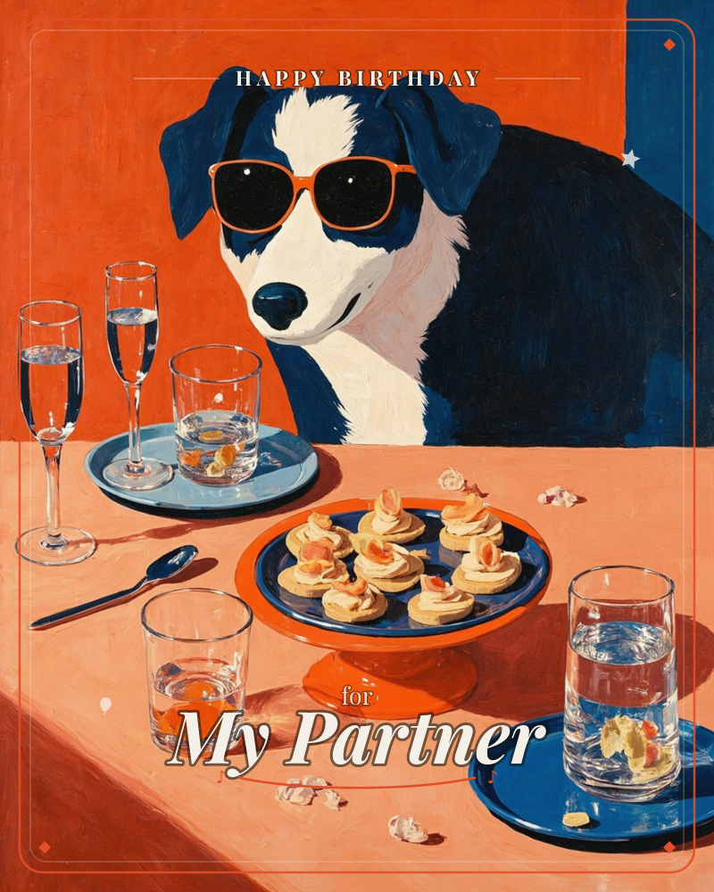 A navy and white dog wearing orange sunglasses sits at a party table piled with champagne flutes, tumblers of water, and a platter of canapés topped…, a birthday e-card design