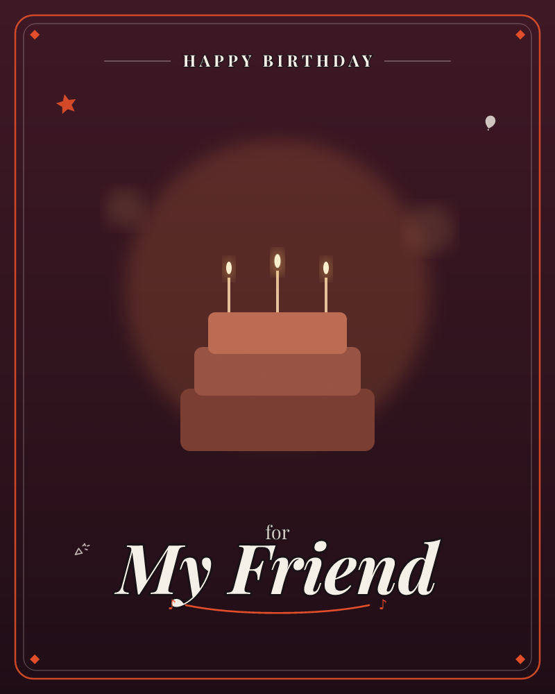 A three-tiered birthday cake glows against a near-black background, its terracotta layers lit from behind by a soft round halo of warm light, a birthday e-card design by @DittyCityTeam