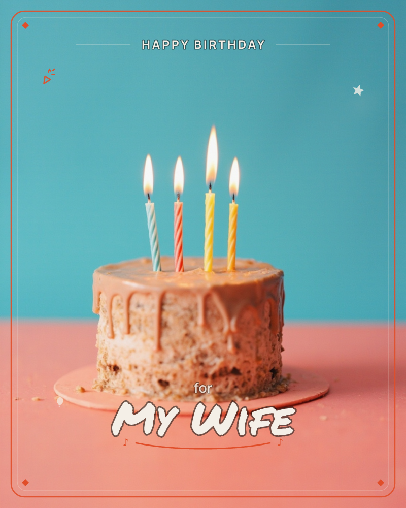 A small round cake with caramel-coloured icing dripping down its sides sits on a white plate, topped with four lit striped candles, a birthday e-card design