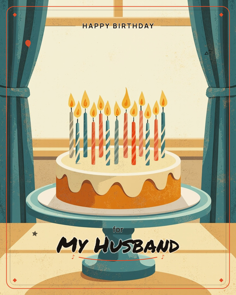 A frosted layer cake with dripping cream icing sits on a teal pedestal stand in front of a sunlit window, its striped candles all lit and flickering, a birthday e-card design