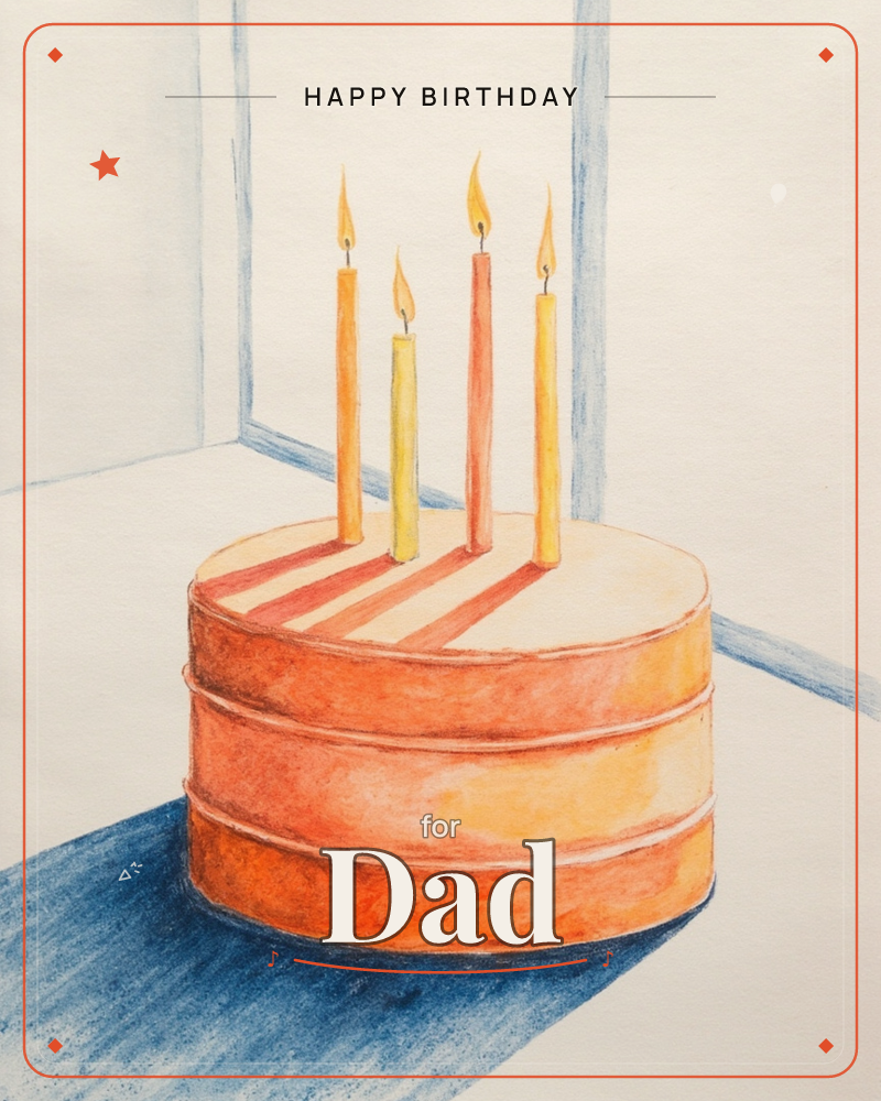 A round, tiered cake in warm shades of orange sits alone on a pale floor, four tall candles of orange and yellow flickering above it, a birthday e-card design
