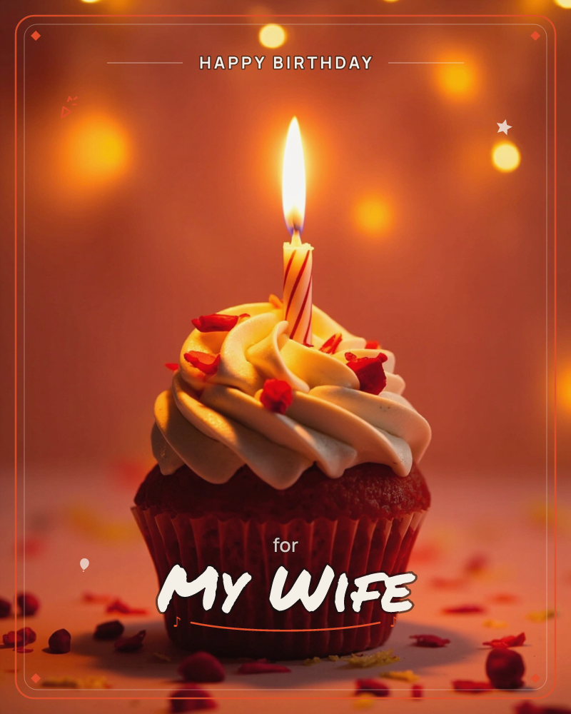 A single cupcake with swirled cream frosting sits glowing against a warm amber background of soft bokeh lights, one lit candle flickering above…, a birthday e-card design