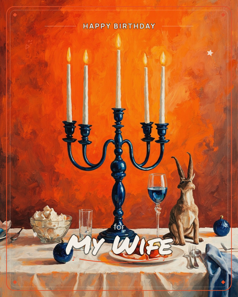 A dark blue five-armed candelabra holds five lit white candles against a bold, brushy orange wall, set on a white tablecloth laid with a plate of…, a birthday e-card design