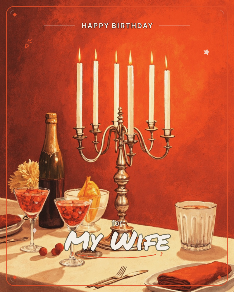 A formal dinner table glows against a burnt-orange wall, its silver candelabra holding six lit white candles above a spread of cocktail glasses, wine…, a birthday e-card design
