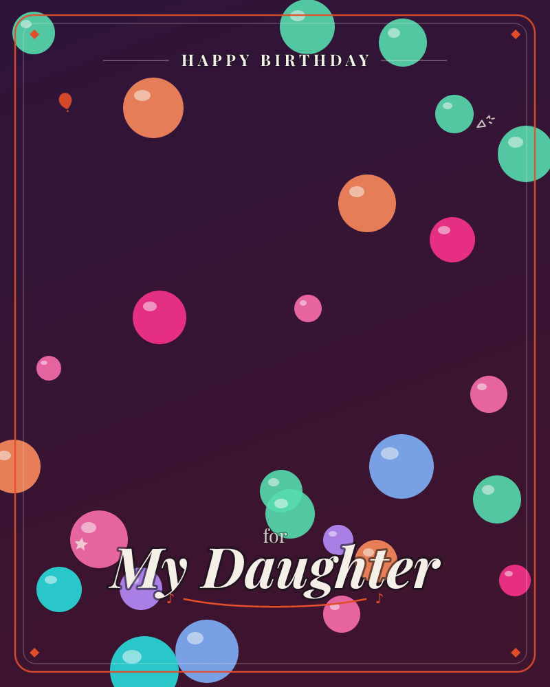 Glossy spheres in emerald, pink, orange and blue float against a deep plum-to-black gradient, each catching a single bright highlight like a soap…, a birthday e-card design by @DittyCityTeam