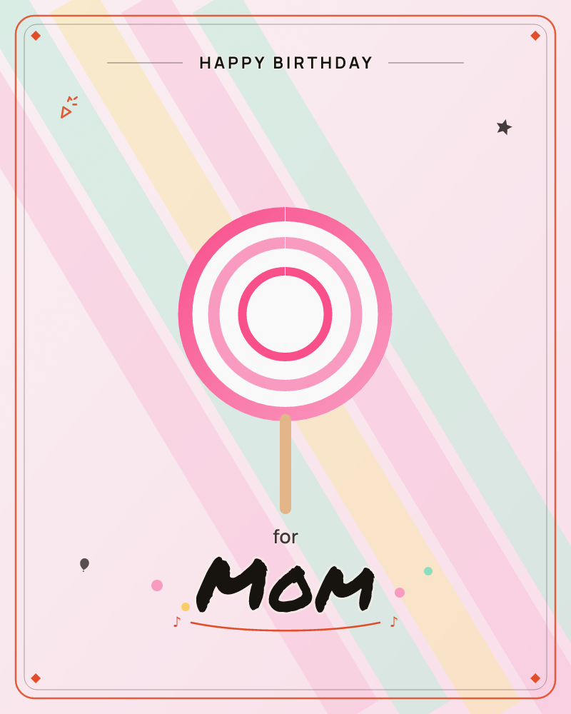 A swirled pink lollipop with concentric rings sits centred on a soft background of diagonal candy-striped bands in pink, mint and cream, a birthday e-card design by @DittyCityTeam