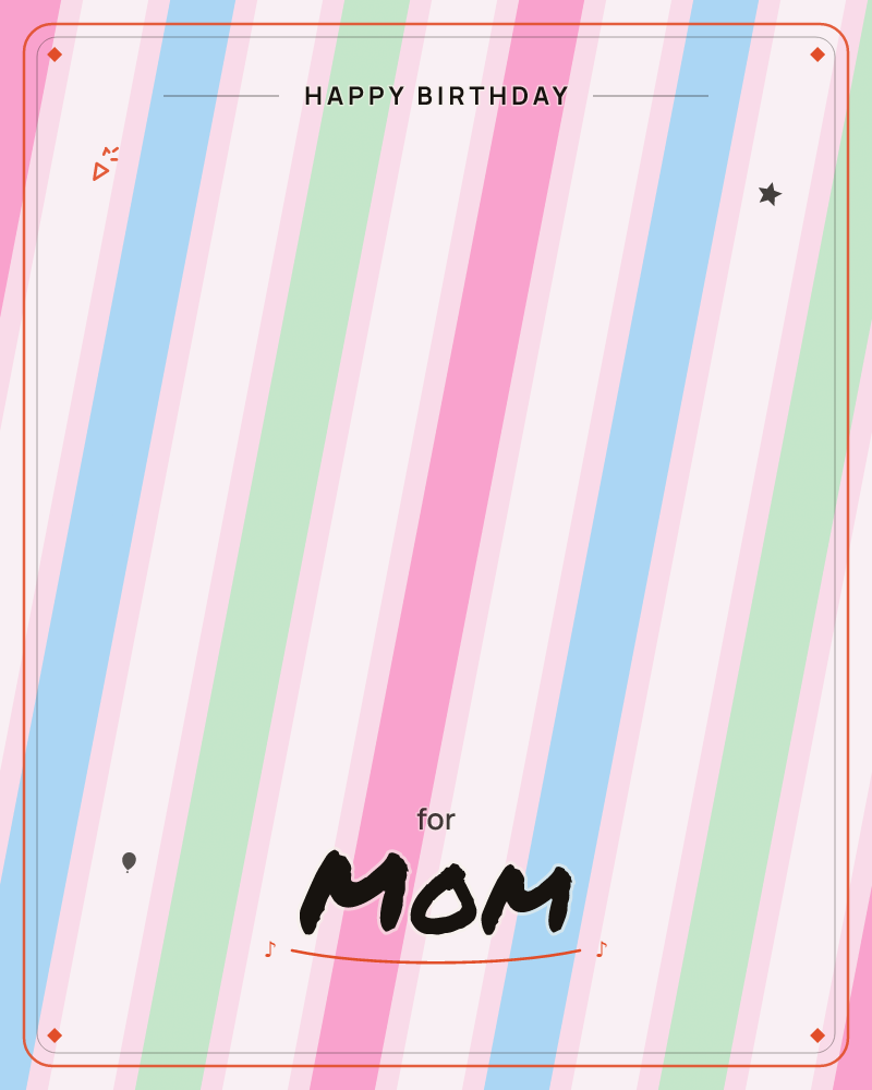 A diagonal candy-stripe pattern fills the card in soft pastel bands of pink, sky blue, mint green and cream, with a gentle sheen running across the…, a birthday e-card design by @DittyCityTeam