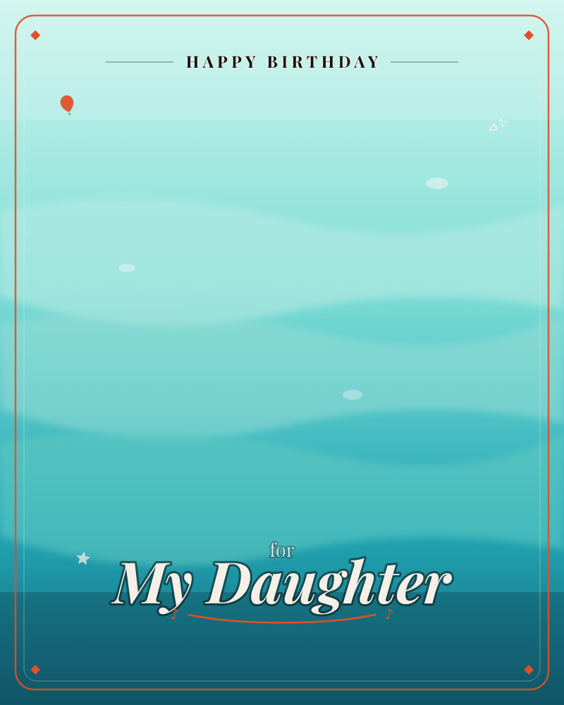 Layered bands of turquoise and teal ripple down the page like calm ocean water seen from above, fading into a deep, misty grey-green sky at the top, a birthday e-card design by @DittyCityTeam