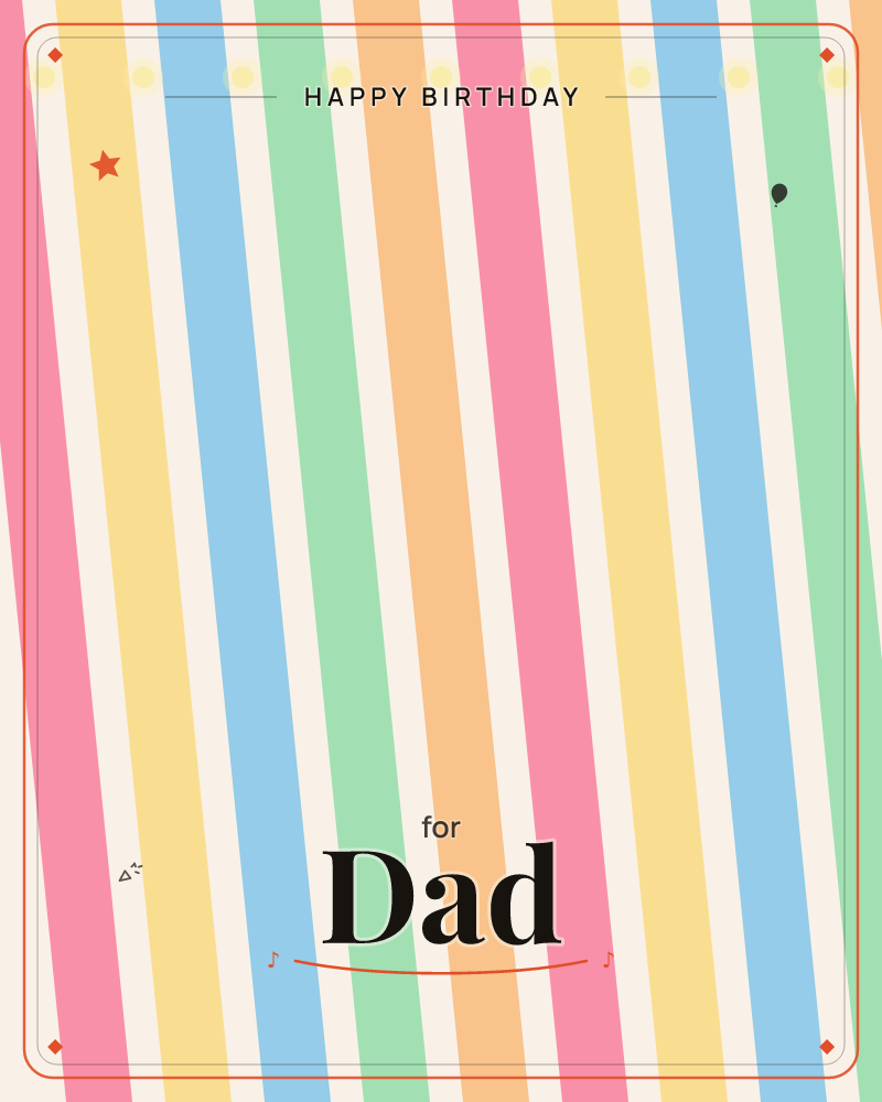 A pattern of soft candy-coloured stripes runs diagonally across the card in pink, yellow, blue, green and orange against a cream background, a birthday e-card design by @DittyCityTeam