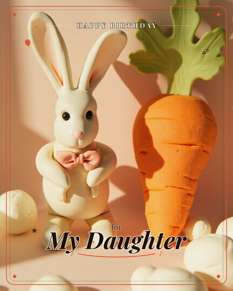 A sculpted white rabbit figure with a pink bow tie stands beside an oversized carrot ornament, both cast in warm afternoon light against a soft peach…, a birthday e-card design
