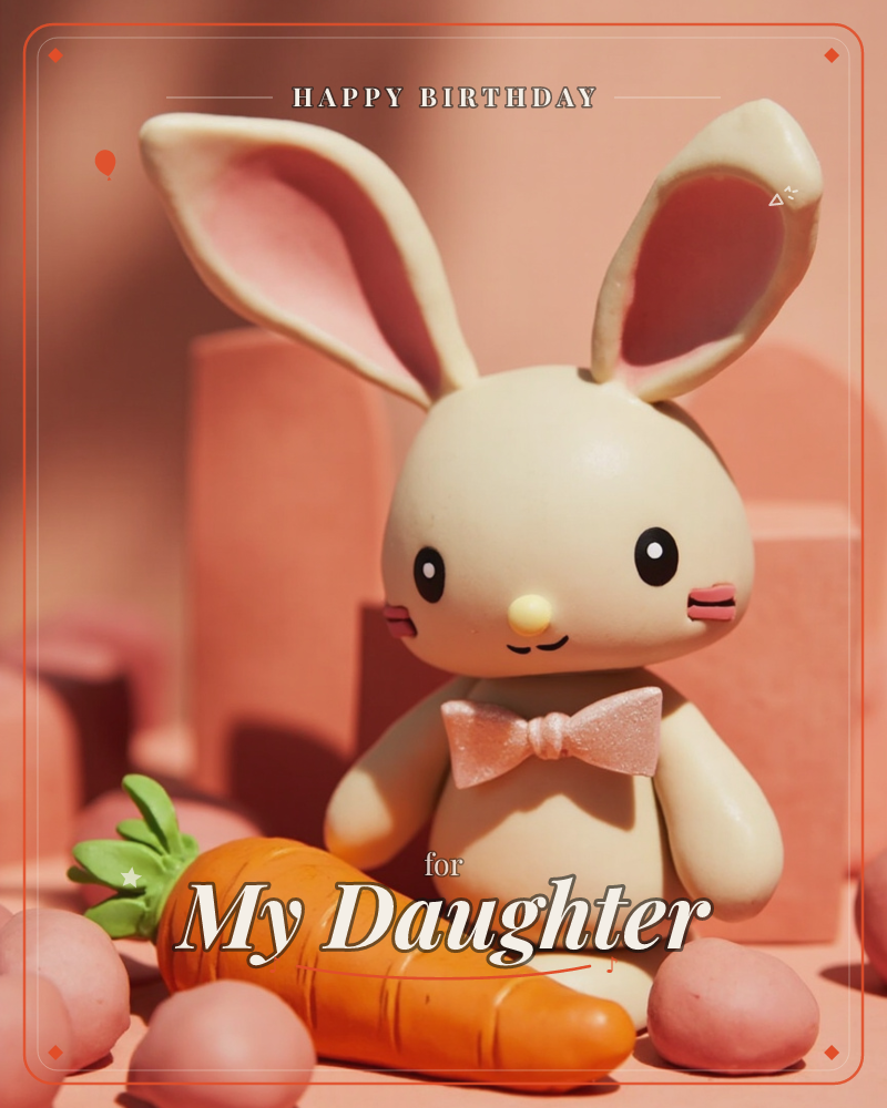 A small cream-coloured toy rabbit with tall pink-lined ears and a glittery bow sits beside an oversized carrot, set against soft pink blocks and…, a birthday e-card design