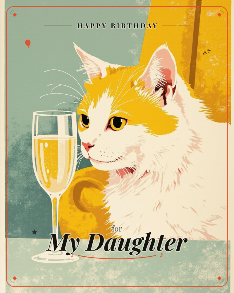 A cream and marmalade cat sits close beside a full champagne flute, its whiskers nearly brushing the glass, against a flat teal and mustard-gold backdrop, a birthday e-card design