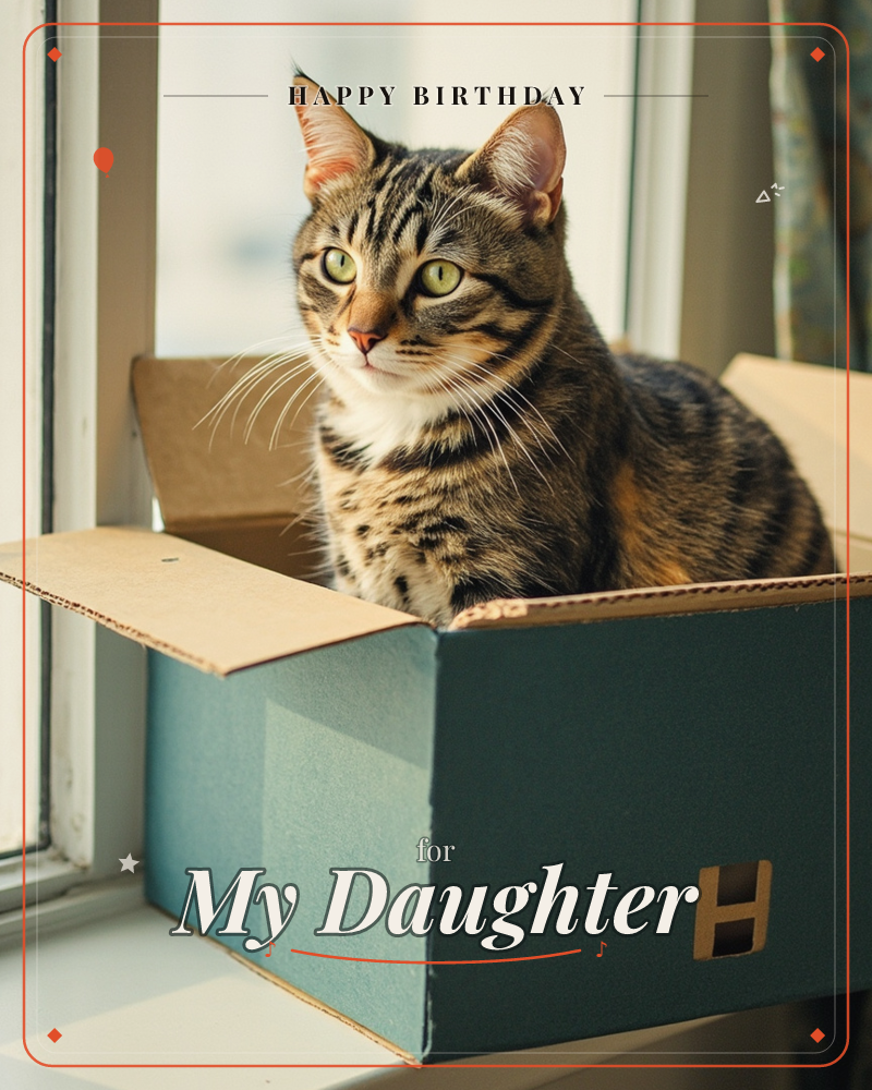 A striped tabby cat sits inside a half-open cardboard box perched on a sunlit windowsill, its green eyes wide and alert, a birthday e-card design