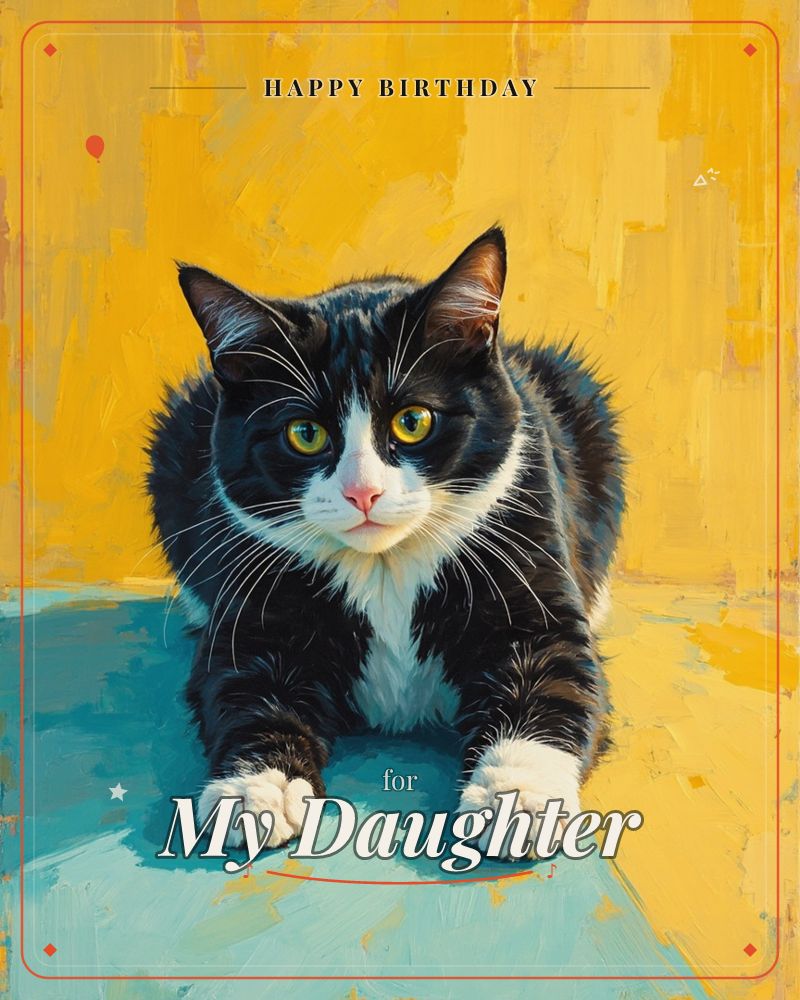 A black and white tuxedo cat crouches low on a pale turquoise surface, paws tucked forward, staring straight out with wide golden eyes against a bold…, a birthday e-card design