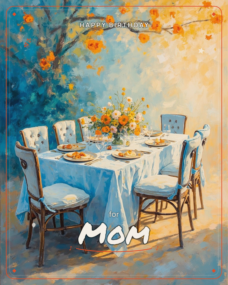 An outdoor dining table is set for a gathering with plated food, wine glasses, and a centrepiece of orange and white blooms, all draped in a pale blue…, a birthday e-card design