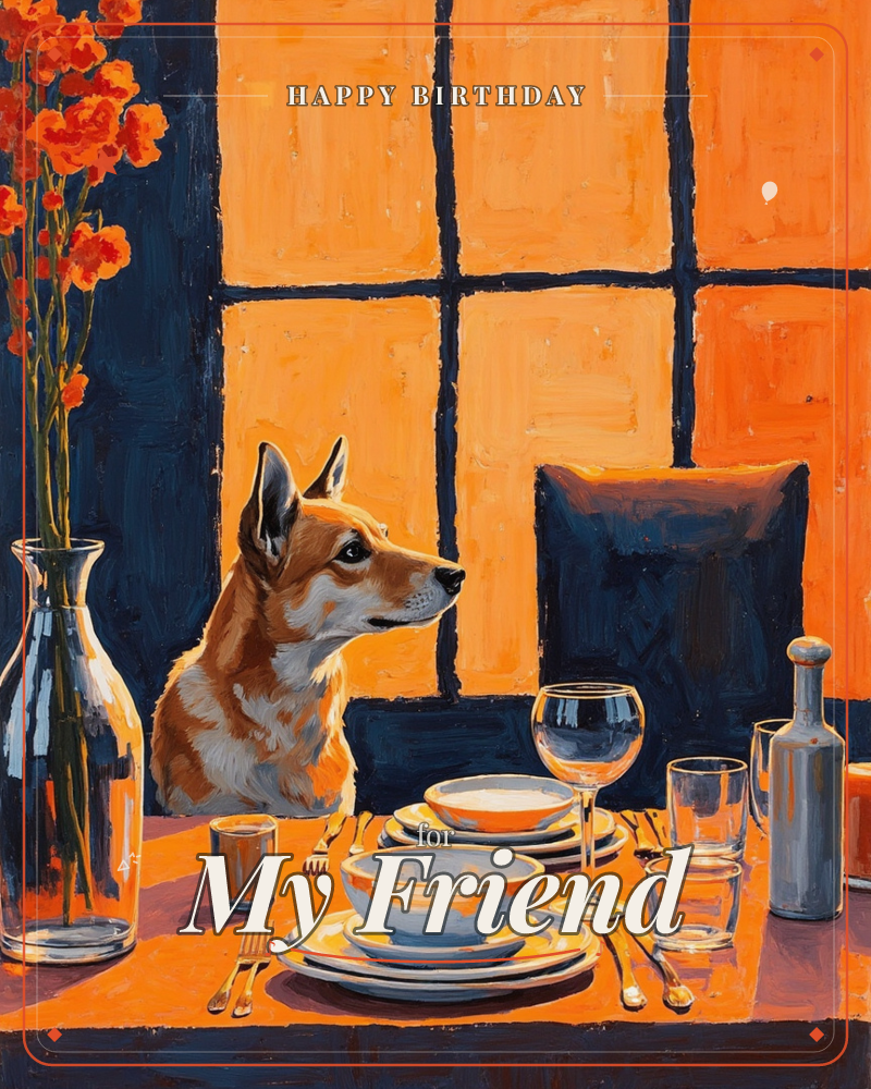 A corgi sits at a dining table set with bowls, glassware, and a bottle, gazing off to the side beside a vase of orange marigolds, a birthday e-card design